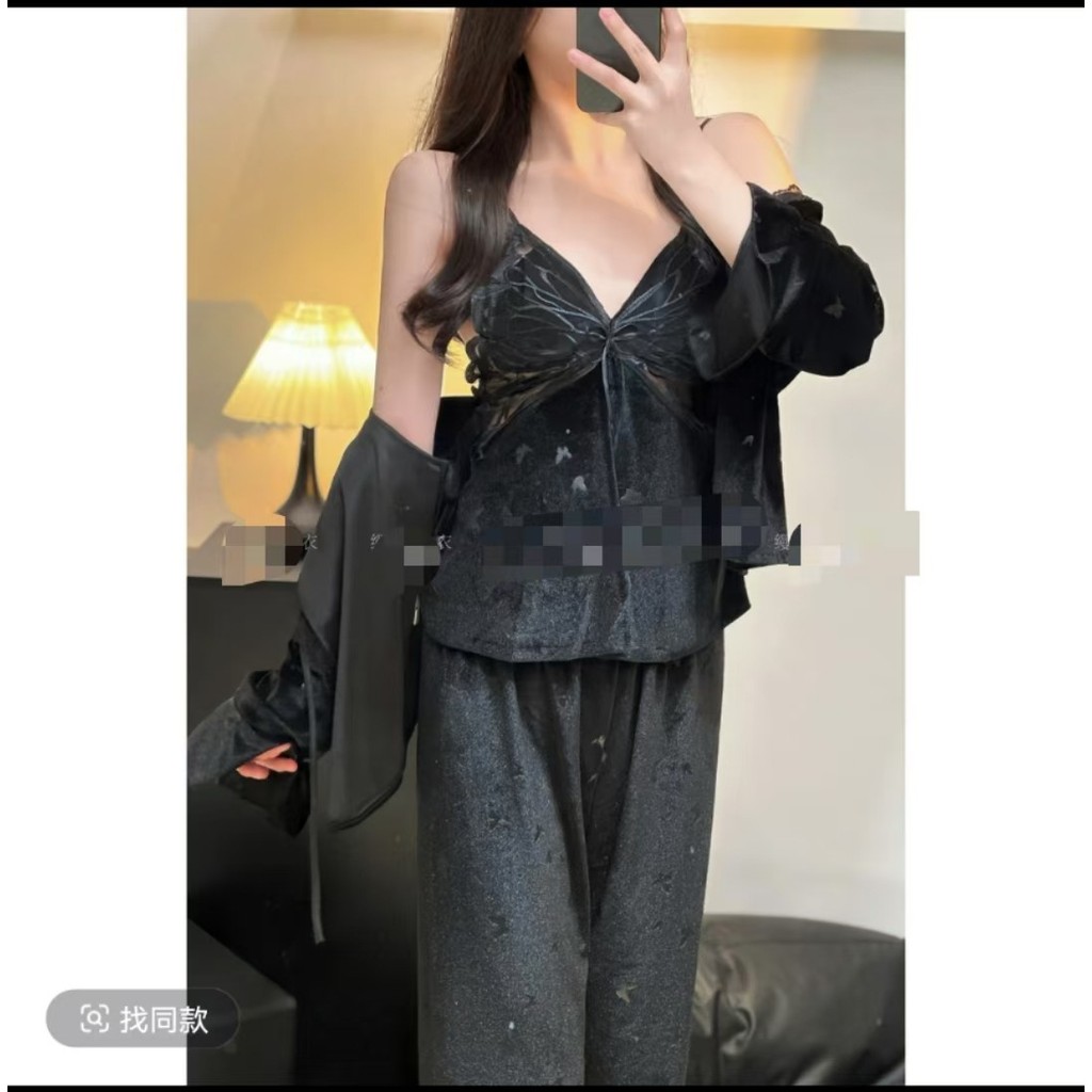 [Miss Lace]Gaun tidur beludru wanita seksi baru dengan bra berbantalan dan tali bahu kupu-kupu.