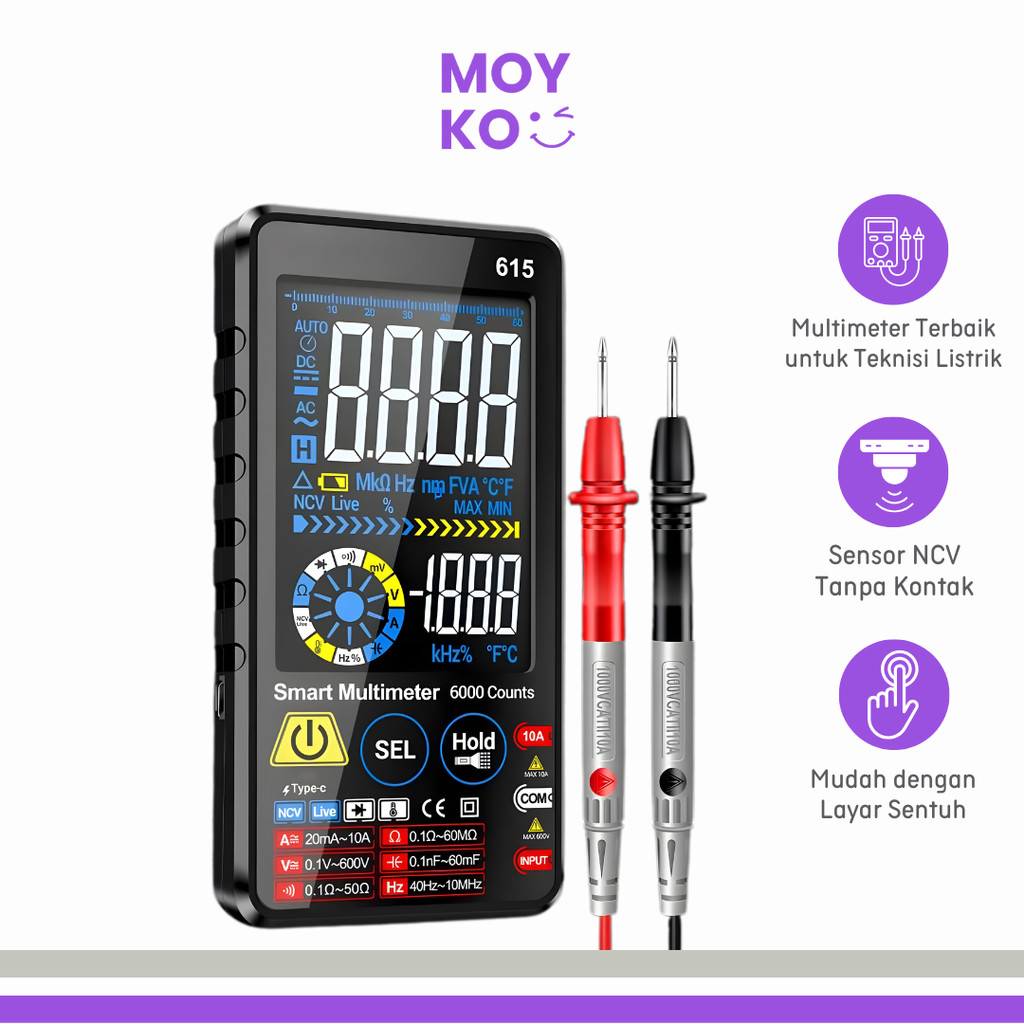 Digital Multimeter Touchscreen NCV Lighting 6000 Count 700mAh - 615