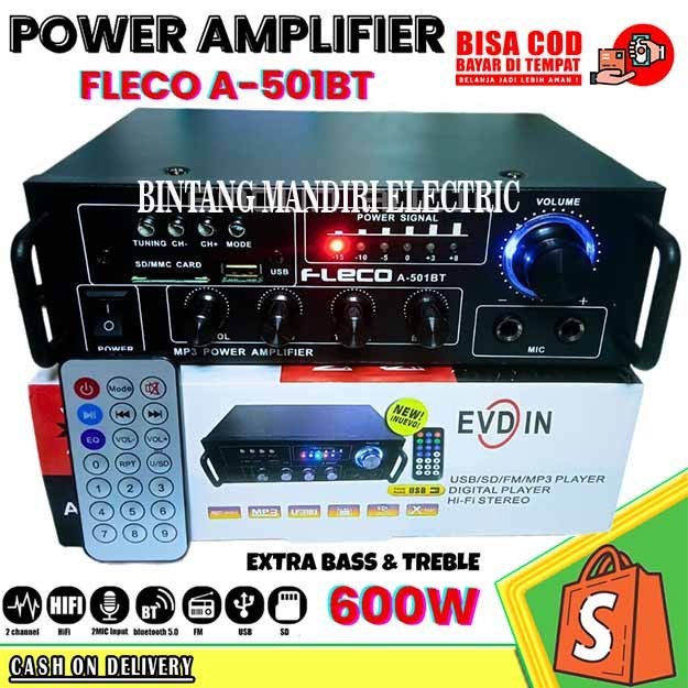 Power Amplifier Bluetooth Fleco A-501BT 600W | Audio Penguat Suara Extra Bass & Treble | Ampli Mini 
