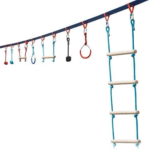 SUNNY & FUN Portable 50 Foot Slackline Monkey Bar and Ladder Kit - Kids Swinging Obstacle Course