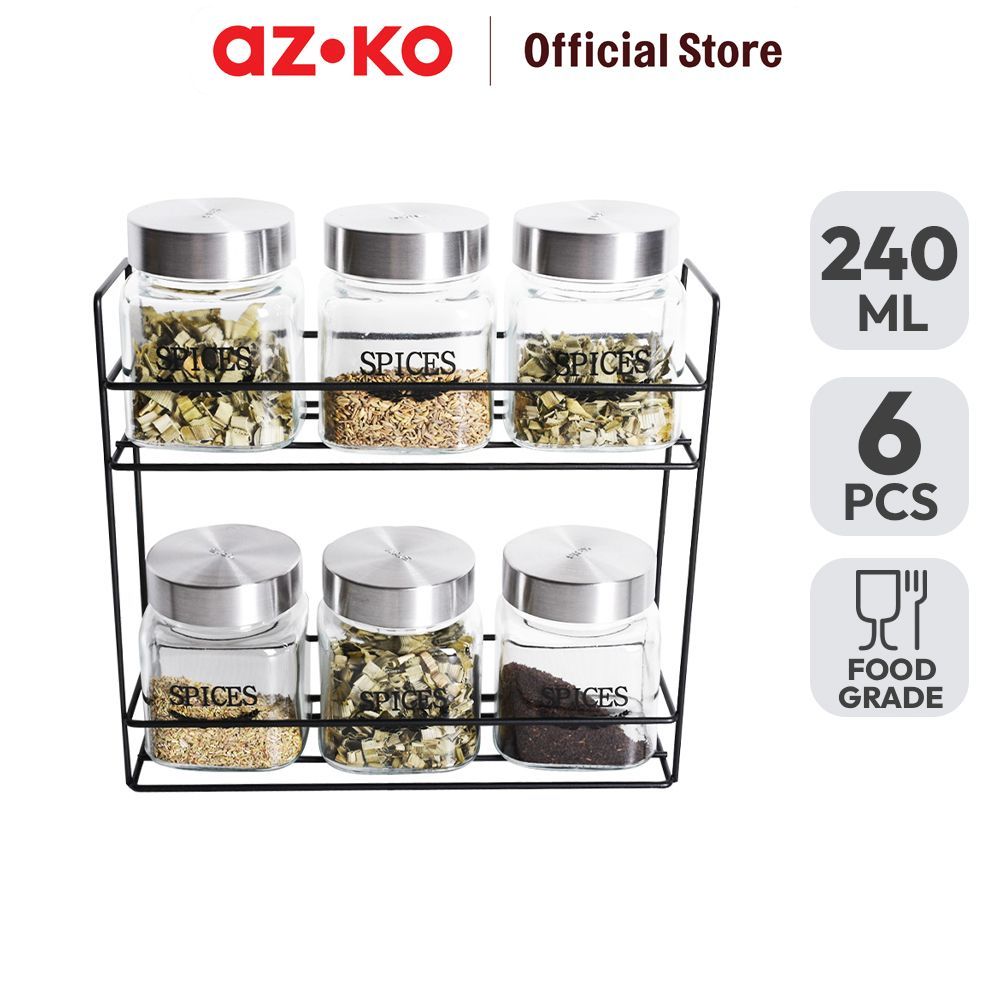 AZKO Kris 240 ml Set 7 Pcs Stoples Bumbu Dengan Rak Jar Tempat Simpan Snack Dan Permen Setoples Topl