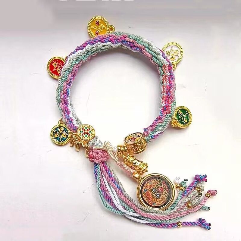 Tali tangan Tibet dasi merah muda baru, gelang transfer God of Wealth Zakiram lima arah, tenun tali 