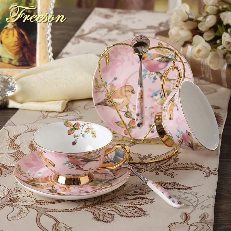 Pastoral Bird Bone China Tea Cup Saucer Spoon Set Europe Porcelain Coffee Cup 200ml Mug Tray Cafe Tu