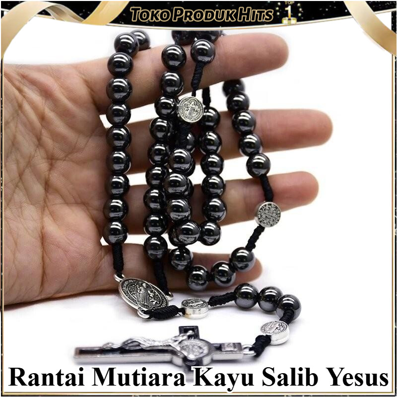 Kalung Rosario Manik Kayu Pinus 10mm dengan Liontin Salib dan Maria, Warna Hitam, Panjang 44cm