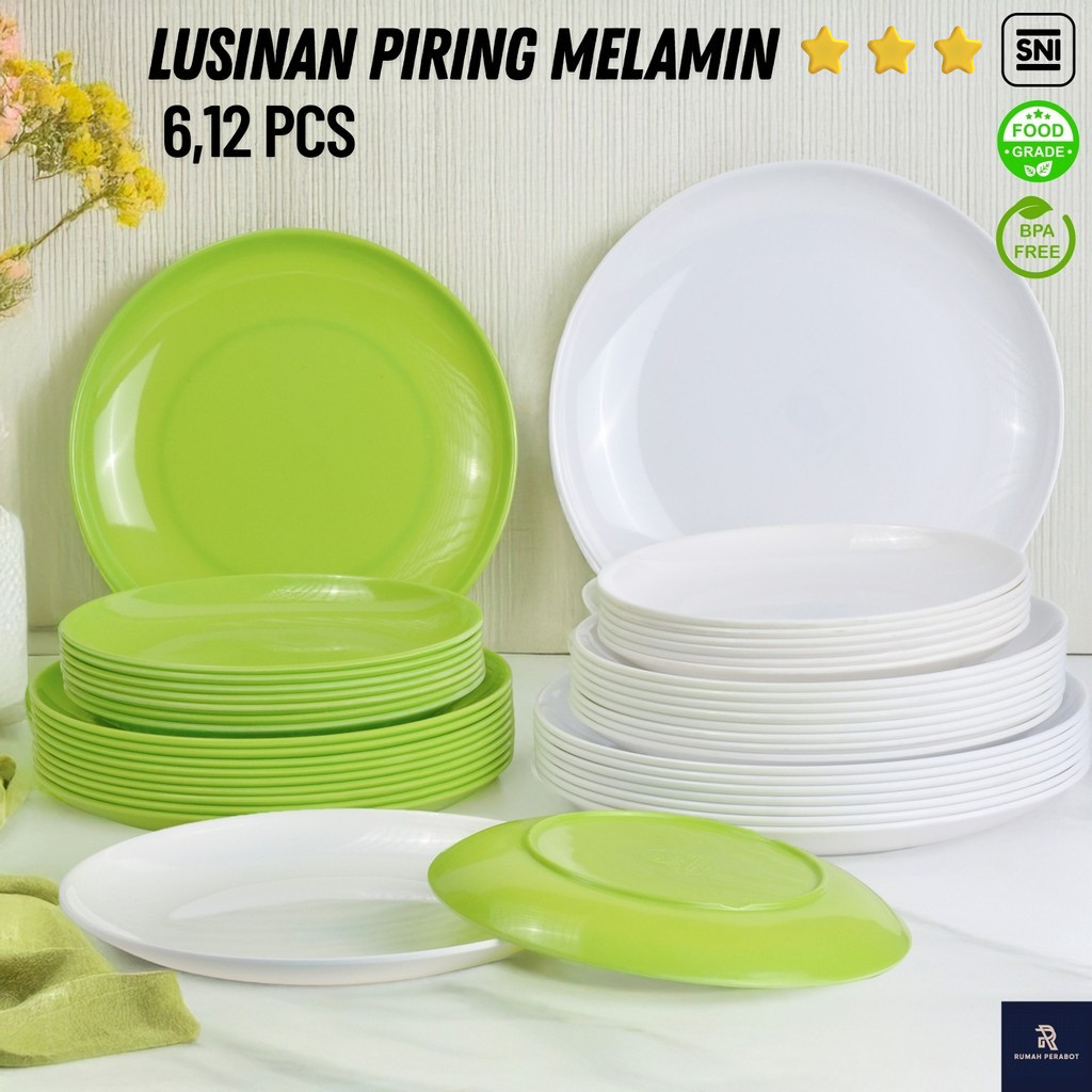Piring Melamin Polos Lusin 6/12 Pcs size 7/8/9 Inch Piring Bulat Piring Makan Murah Putih Hijau