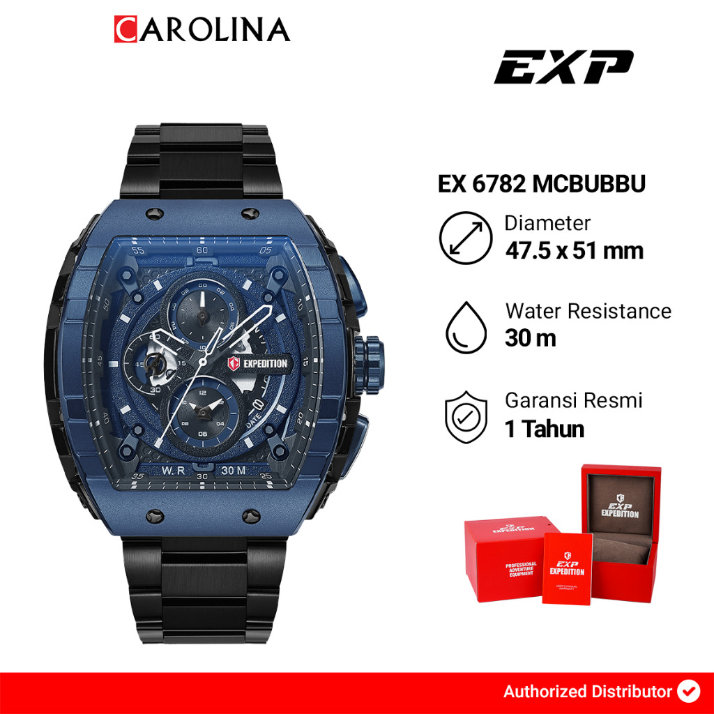 Jam Tangan Pria Expedition Exp Chronograph EX 6782 MCBUBBU Blue Dial Black Stainless Steel Strap