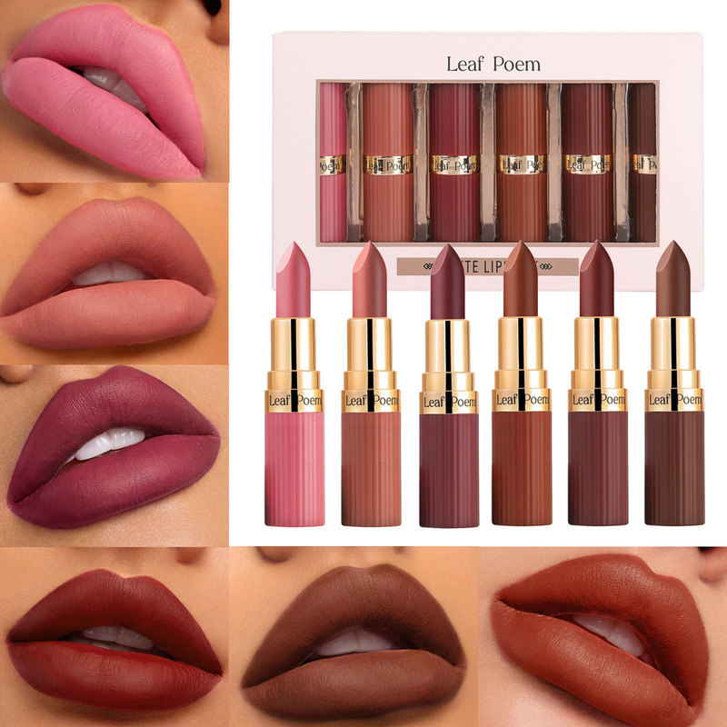LEAF P0EM set make-up Eropa dan Amerika, enam lipstik matte, tidak mudah memudar, lipstik tahan air 