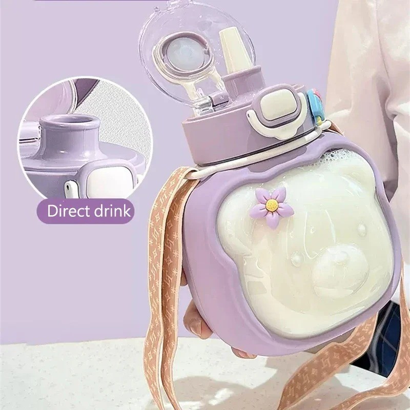 1 Liter Water Bottle for Girls Large-capacity Water Bottle Cloud Bear Summer Children's Straw Big Be