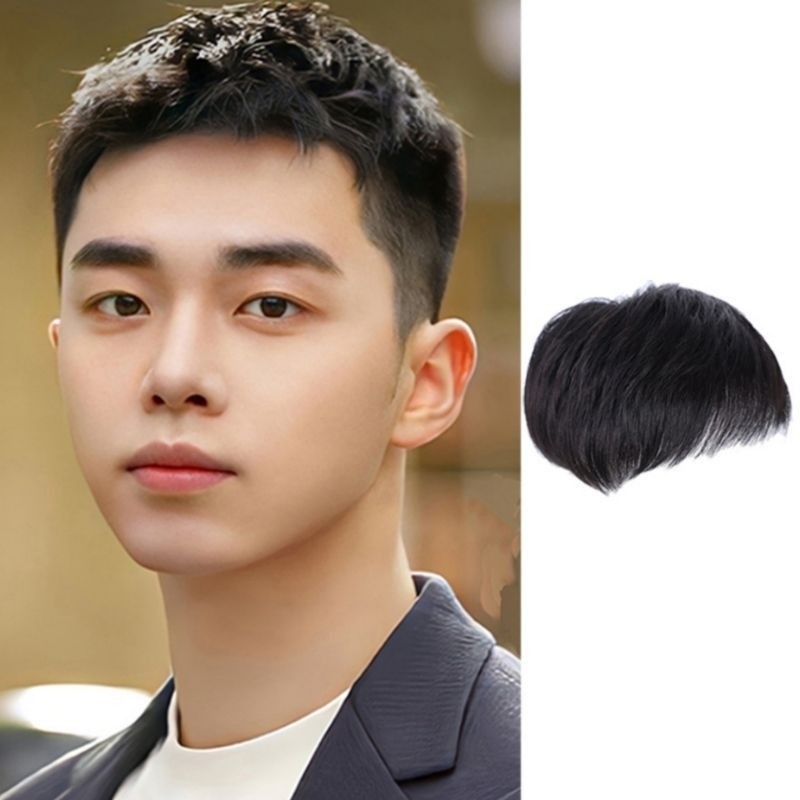 Toupee Pria Korea Rambut Pendek Warna Hitam Wig Sebagian Penutup Botak Tengah Model Rambut Pendek
