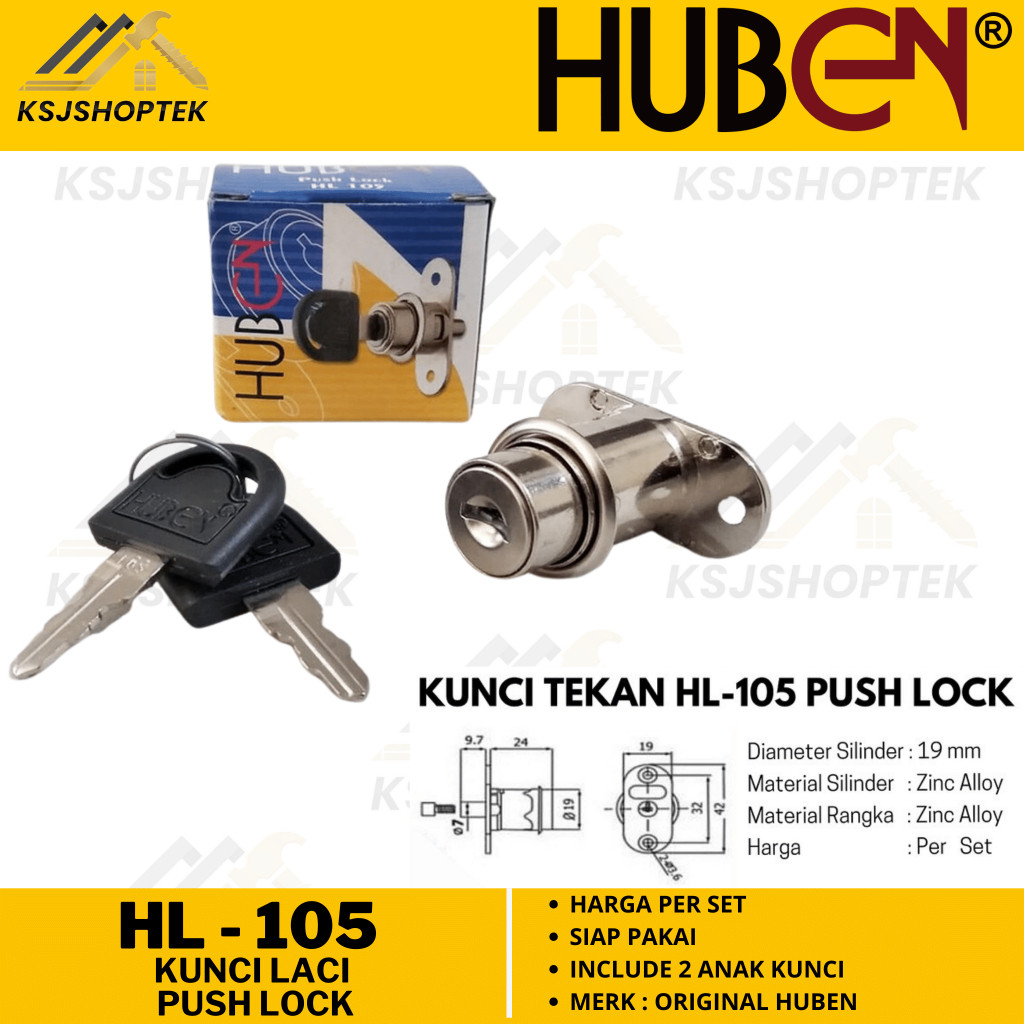 Kunci Laci Huben HL 105 Push Lock / Kunci Tusuk Pintu Lemari Sliding Tombol Pencet