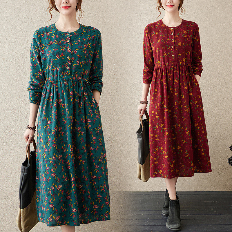 Artistic Retro Floral Cotton Linen Long Sleeve Dress Autumn Waist Tie Loose Slimming Flared Base Lon