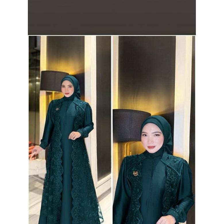 Marbella dress emerald green lebaran terbaru 2026 bahan velvet mix brukat mewah elegan premium Nazhi