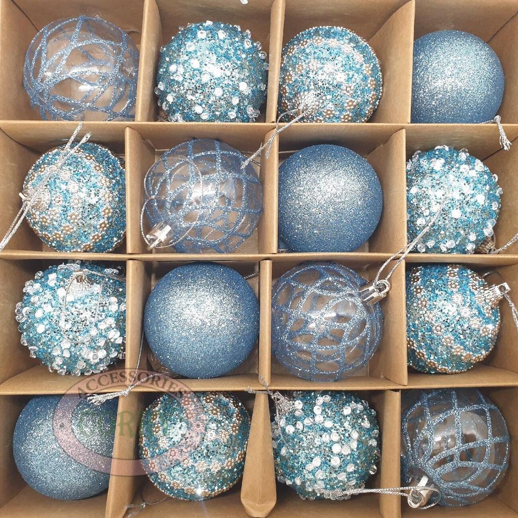 Bola Pohon Natal 6 Cm Premium Isi 16 Pcs Biru muda Manik Kristal
