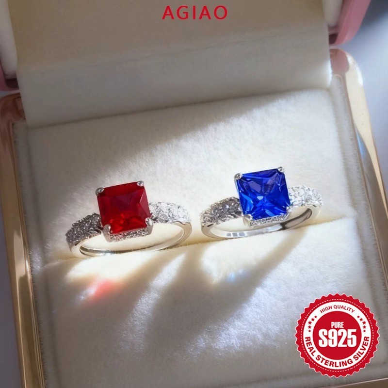 AGIAO Cincin Berlian Batu Permata Wanita Asli Zircon Persegi Dua Warna Merah Dan Biru Kelas 5A