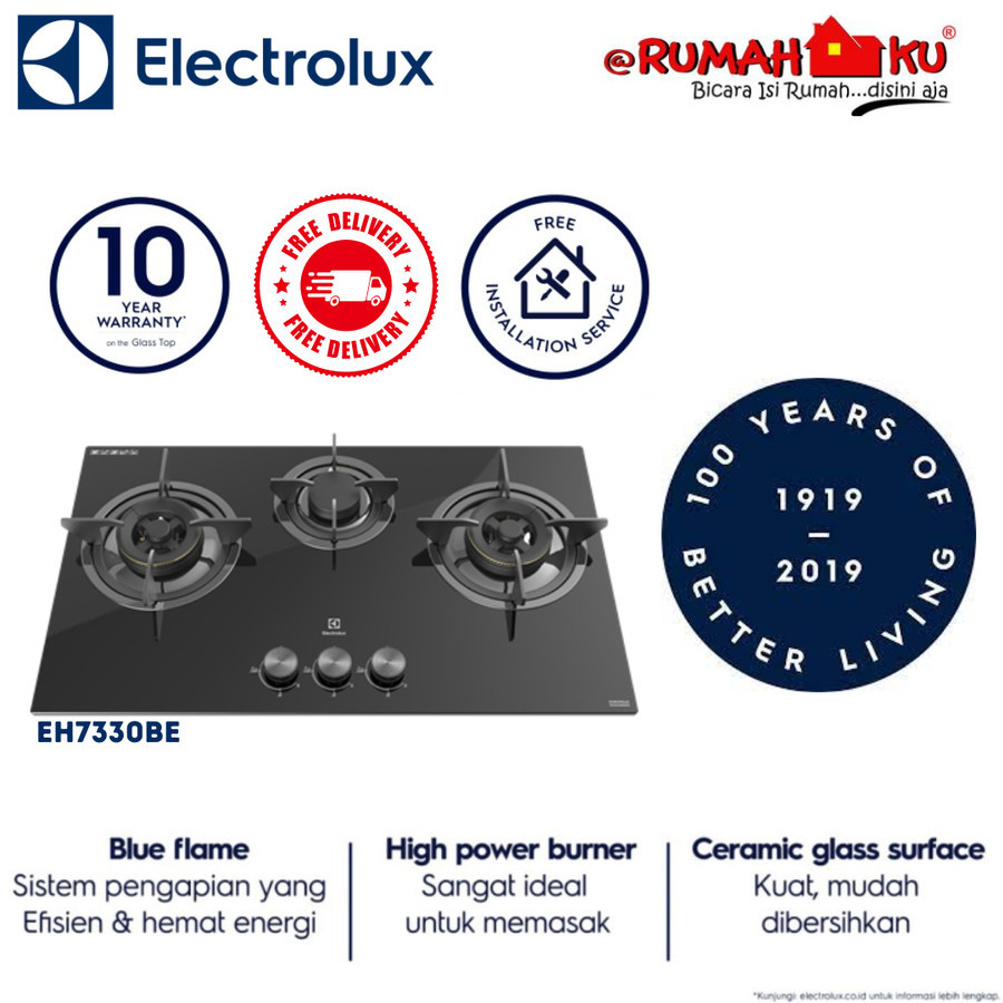 KOMPOR TANAM (STAND) ELECTROLUX EHG 7330 BE / EHG7330BE BUNNER KUNINGAN TEMPERD GLASS