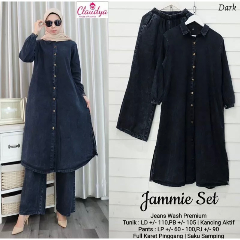 Jammie Set Jeans// Setelan Tunik Jeans Ld100 Ld120 Ld130 Jumbo Premium