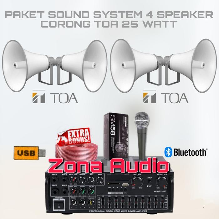 PAKET SOUND SYSTEM TOA MASJID MUSHOLA 4 SPEAKER CORONG TOA 25 WATT AMPLIFIER USB BLUETOOTH MIC ( SET