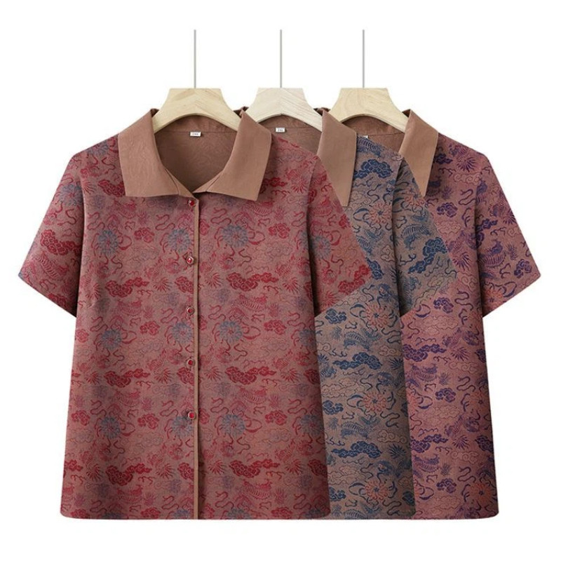 Setelan Kaos Pendek Musim Panas Wanita Lansia Ibu Nenek 60-70 Tahun - 2 Pcs Kemeja Baju Untuk Nenek