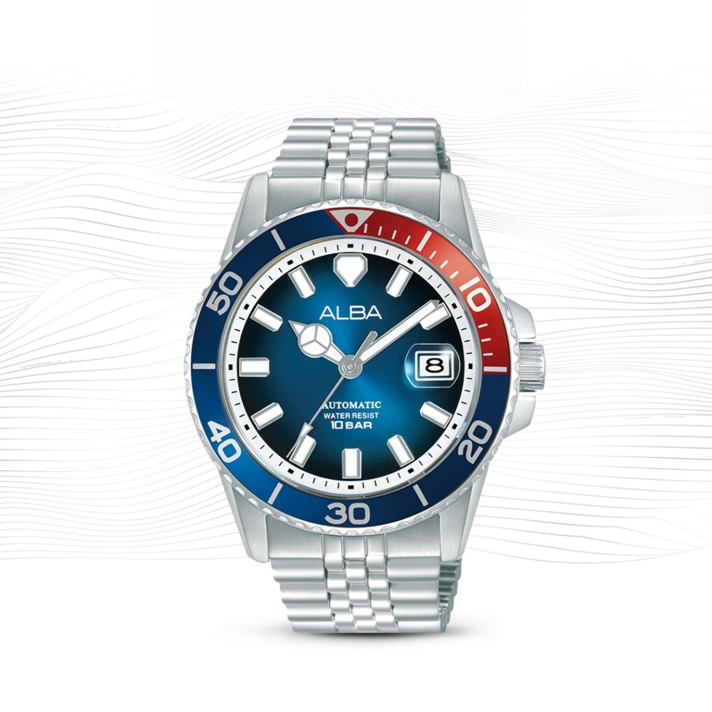 ALBA AU4051 Mechanical Jam Tangan Pria Automatic Blue Dial Blue Red Bezel Stainless Steel Strap Watc