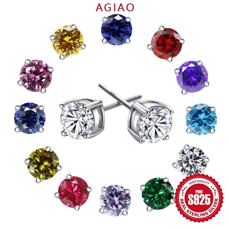 AGIAO Anting Stud Berlian 5mm Sederhana Yang Indah Dengan Zircon Berwarna 0.5 Karat Kelas 5A