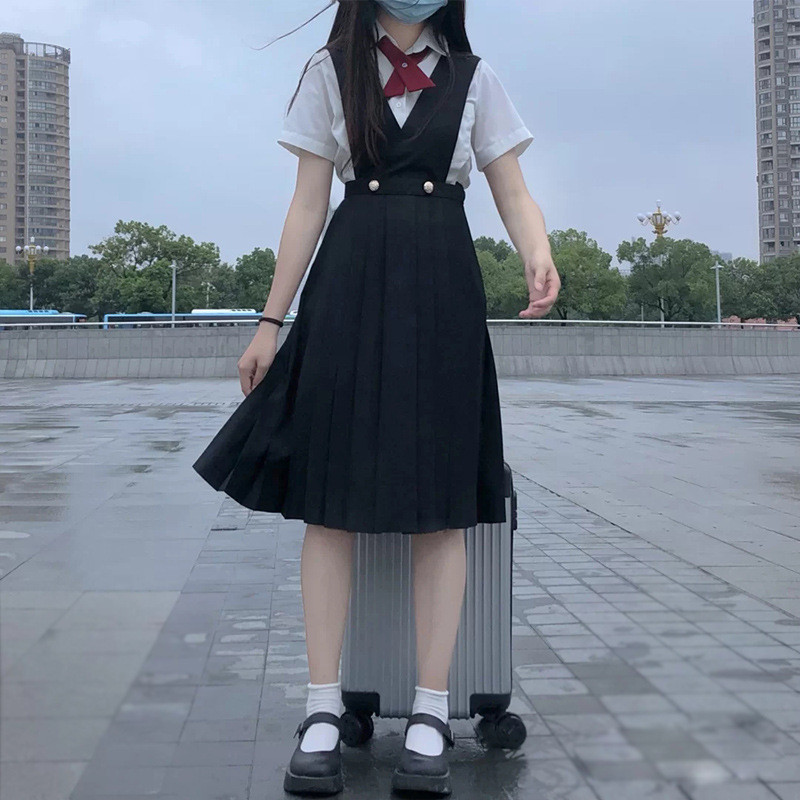 Dark Blue Nursing Dress JK Uniform Long Skirt Pleated Skirt Black Student Vest Strap Dress Class Uni