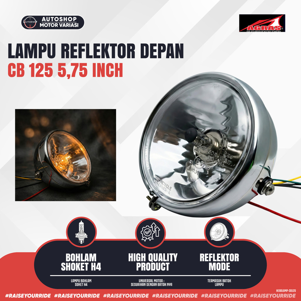 Headlamp CB 125 5.75 Inch Bohlam H4 – Lampu Depan Classic Batok Chrome Original Agras