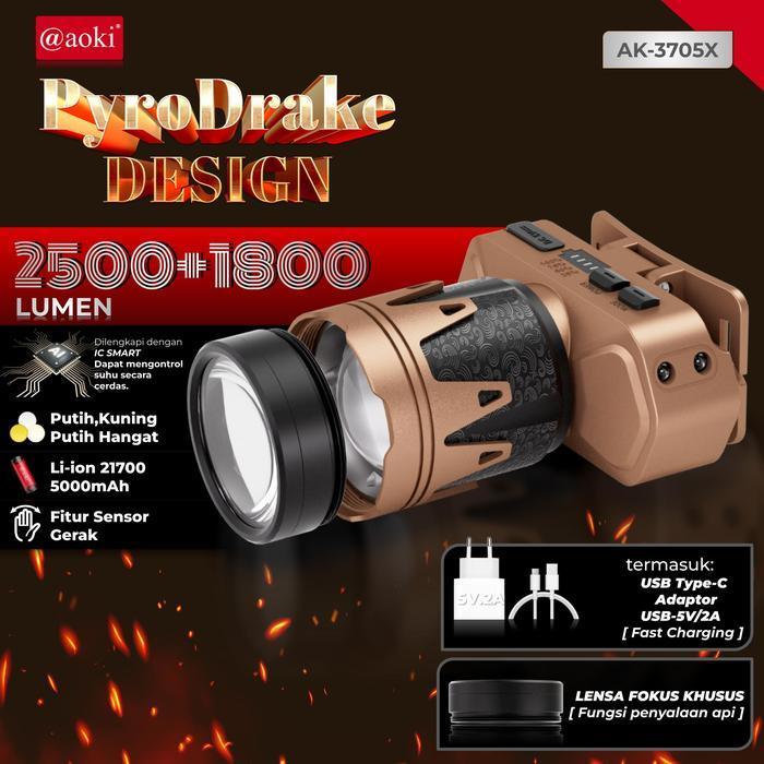 Senter Kepala Aoki PyroDrake Menyulut Api Sensor Gerak 3 Warna Cahaya USB Recharge