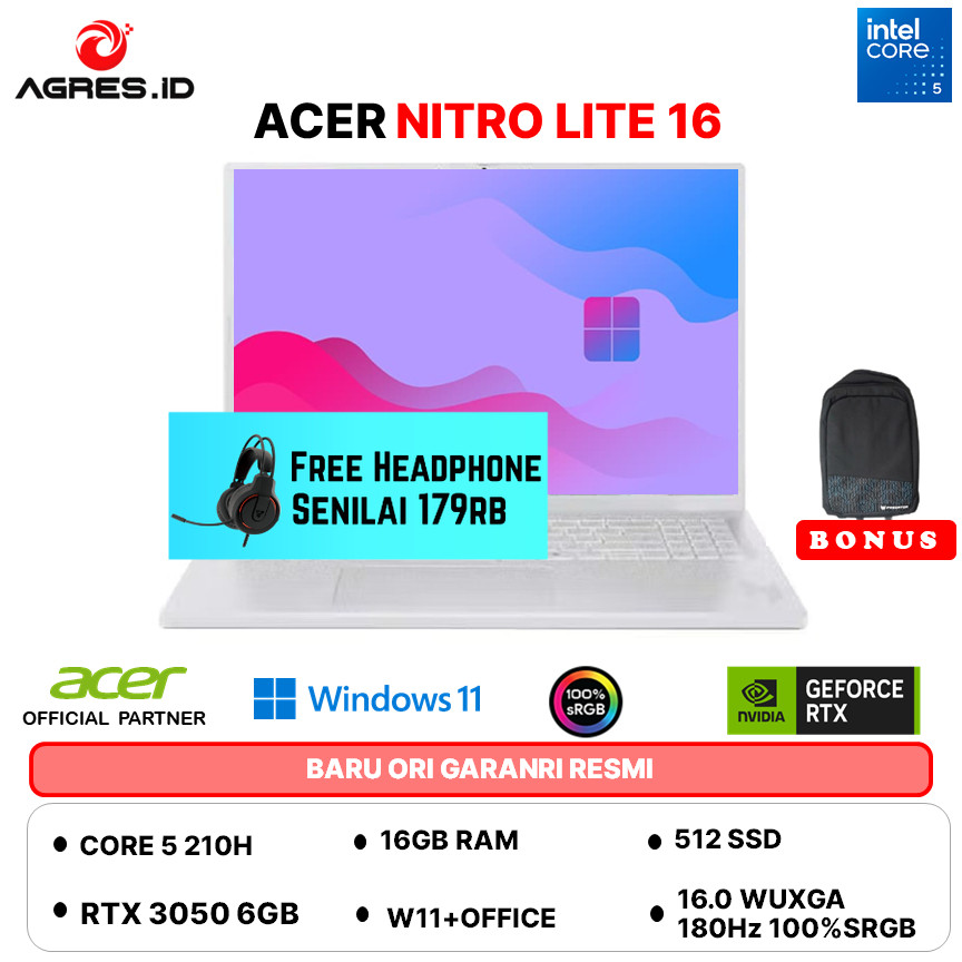 ACER NITRO LITE 16 INTEL CORE 5 210H RTX3050 6GB - RAM 16GB 512GB W11+OHS 16.0WUXGA 180HZ 100SRGB