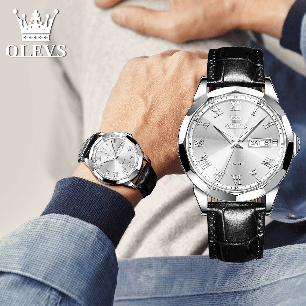 OLEVS Jam Tangan Pria Kulit Strap Analog Quartz Anti Air Original 100% Working Use COD 9990