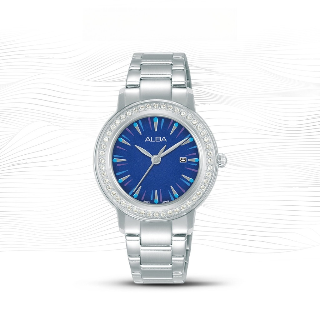 ALBA AH7DL3 Jam Tangan Wanita Quartz Blue Dial Stainless Steel Watch with Crystal