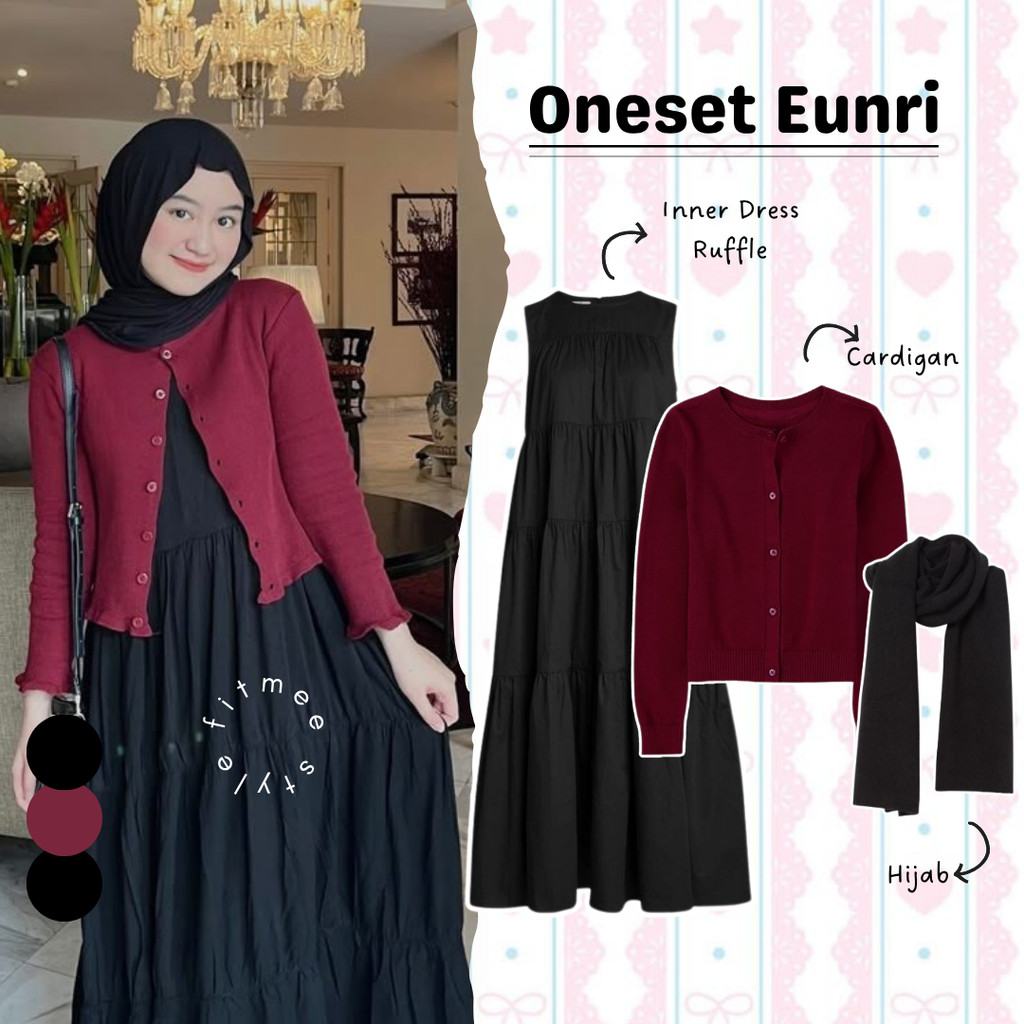 Eunri outfit set ootd cewek 3in1 (atasan outer cardigan crop waffle, inner dress ruffle susun, hijab