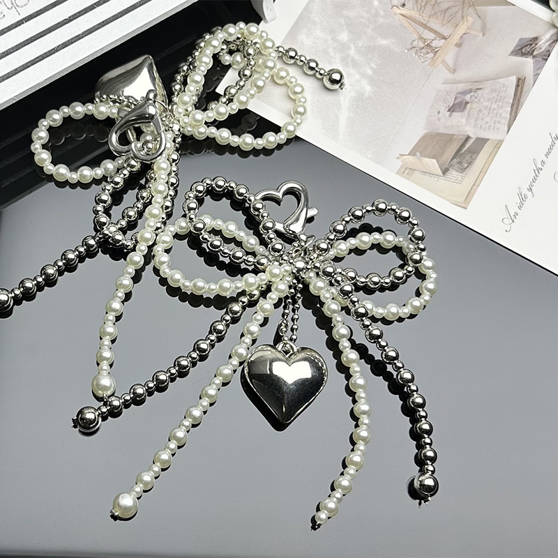 Sweet Bowknot Heart Keyain Pent Lovely Beaded Hanging Decorations Keyring arm Phone Lanyard Phone ar