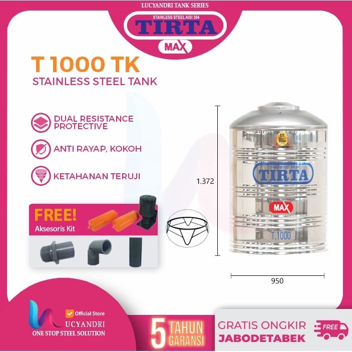 Tangki Air Toren Air Stainless Steel tandon air Tirta 1000 Liter Tanpa Kaki