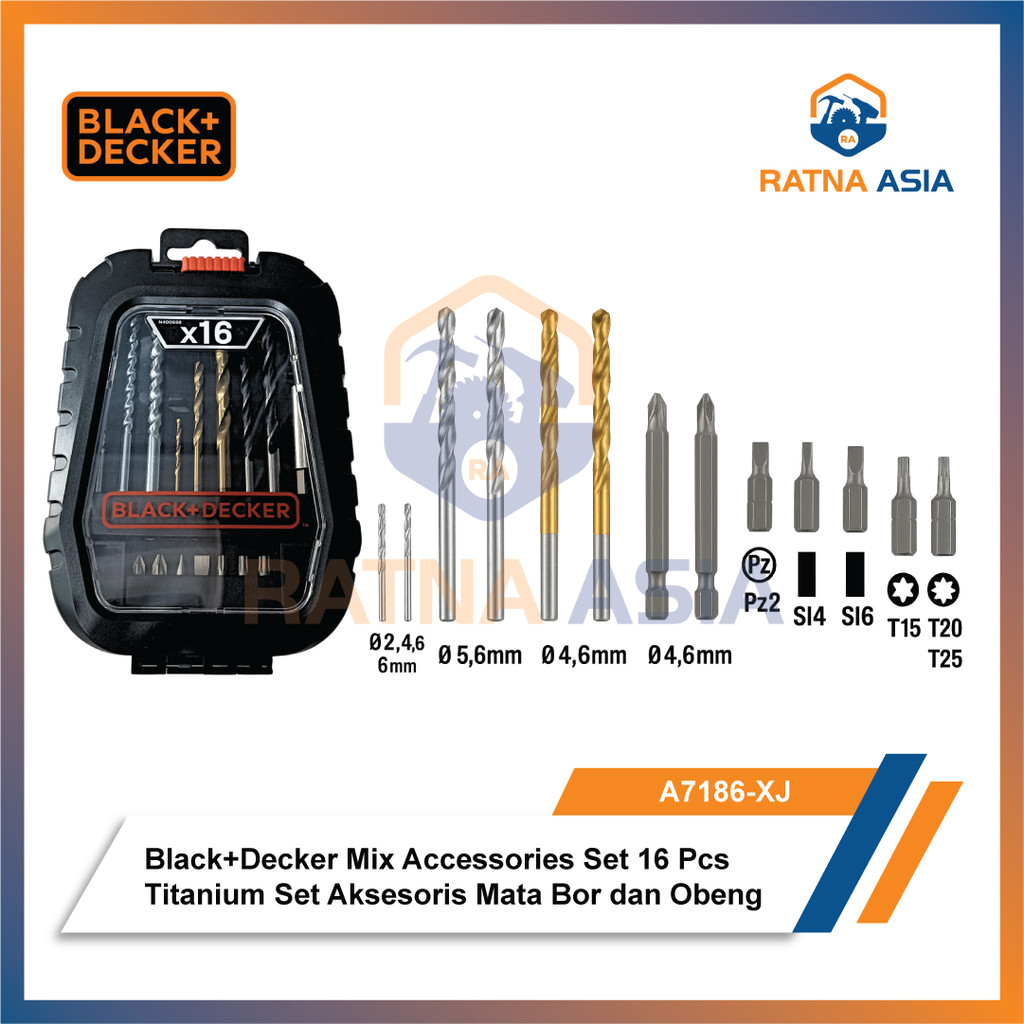 Black+Decker A7186-XJ Mix Accessories Set 16 Pcs Titanium Set Aksesoris Mata Bor dan Obeng Multifung