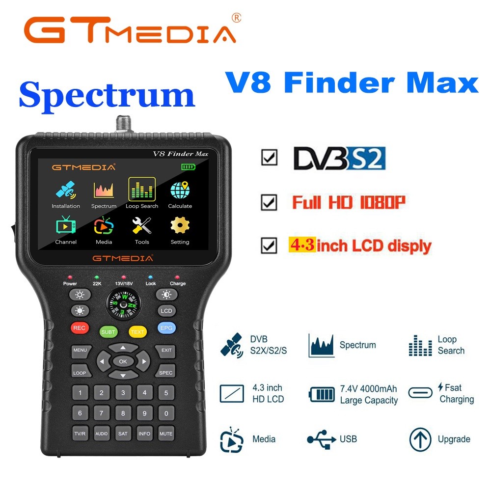 GTMEA V8 Finder Max Satellite Finder Meter 4.3'' LCD DVB-S/S2/S2X H.265 Better V8 Finder2 Pro2 V7 S5