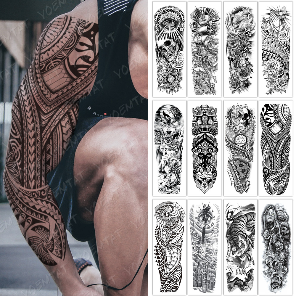 Large Full Arm Sleeve Tribal Totem Waterproof Temporary Tattoo Sticker Skull Totem Bird Wolf Tiger F