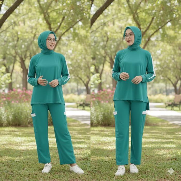 NAARA SET - Setelan Kaos Celana Olahraga Muslimah Training Senam Wanita Lengan Panjang Jumbo Big Siz
