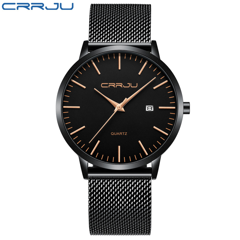 CRRJU Fashion Mens Watches Ultra Thin Quartz Watch Men Casual Slim Mesh Steel Waterproof Sport Watch