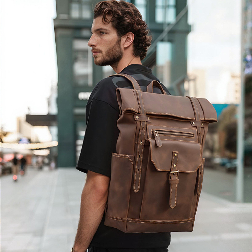Cross border Crazy Horse Leather Men's Backpack Large Capacity Retro Folding Men's Backpack Leather 