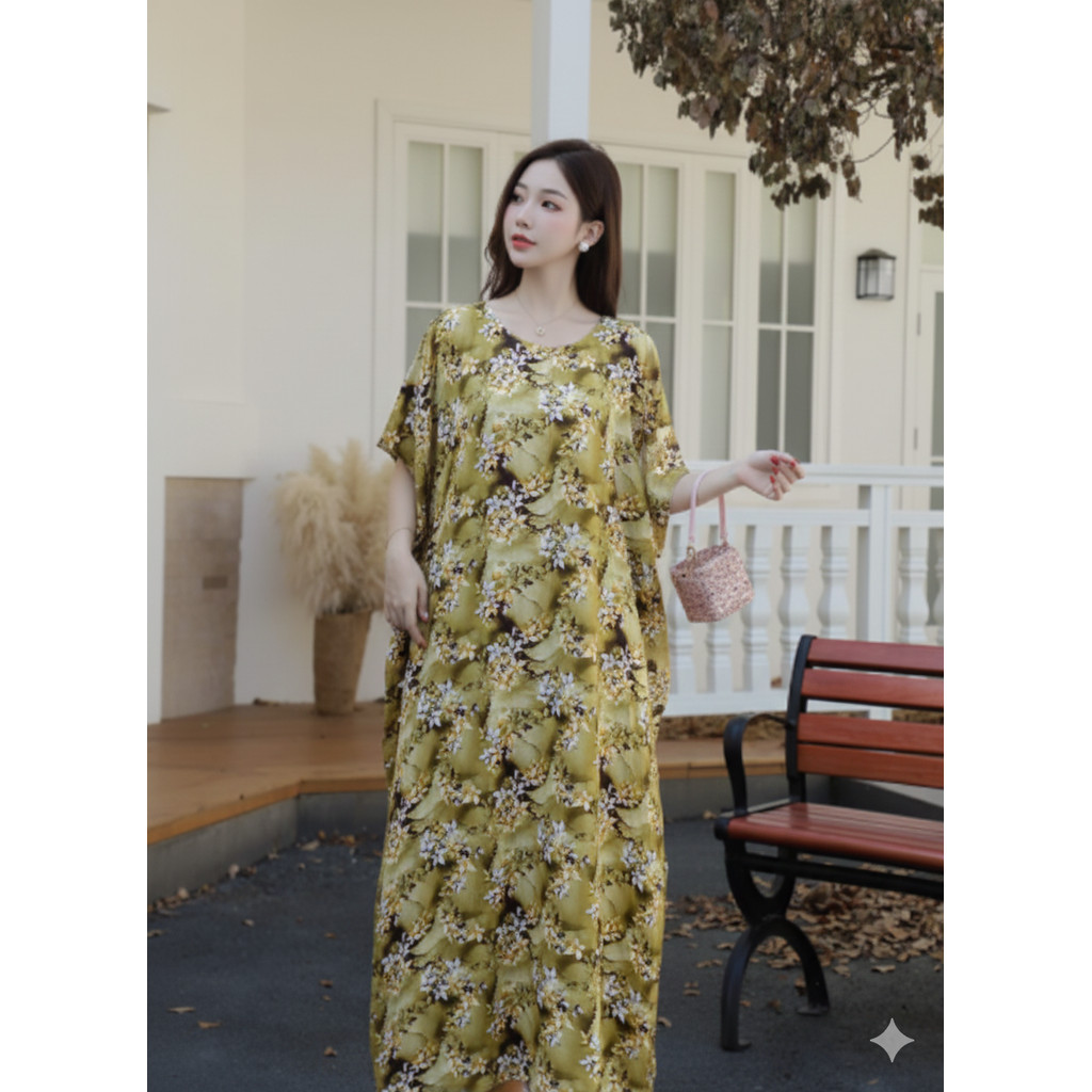 Dress sifon hitam motif bunga ala korea/Maxi Dress