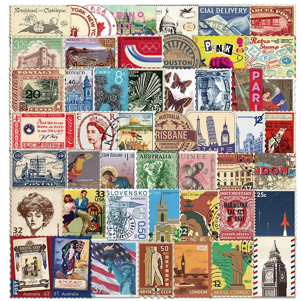 50PCS Retro Travel Stamp Sticker Pack Retro Postmark Series Handheld Diary DIY Material Decoration S