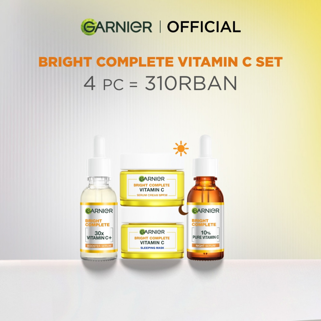 GARNIER Paket Skincare 1 set lengkap Complete Kit Vitamin C Serum 30 ml + Overnight Serum 30ml + Nig