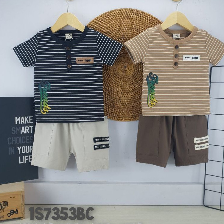 IB KIDS [BISA COD] 7353 (SISA SIZE S,M & 100) SETELAN KAOS ANAK COWOK USON S-130 (HITAM-MOCCA)