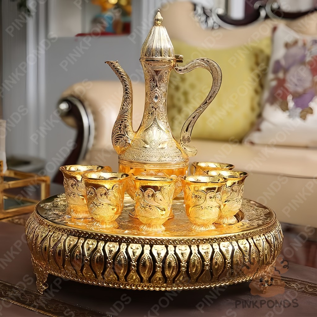 Set 8 buah  Aladdin Gold Kettle Vintage Gold Wine Glass Set, Set Gelas Anggur dan Teko dengan Hiasan