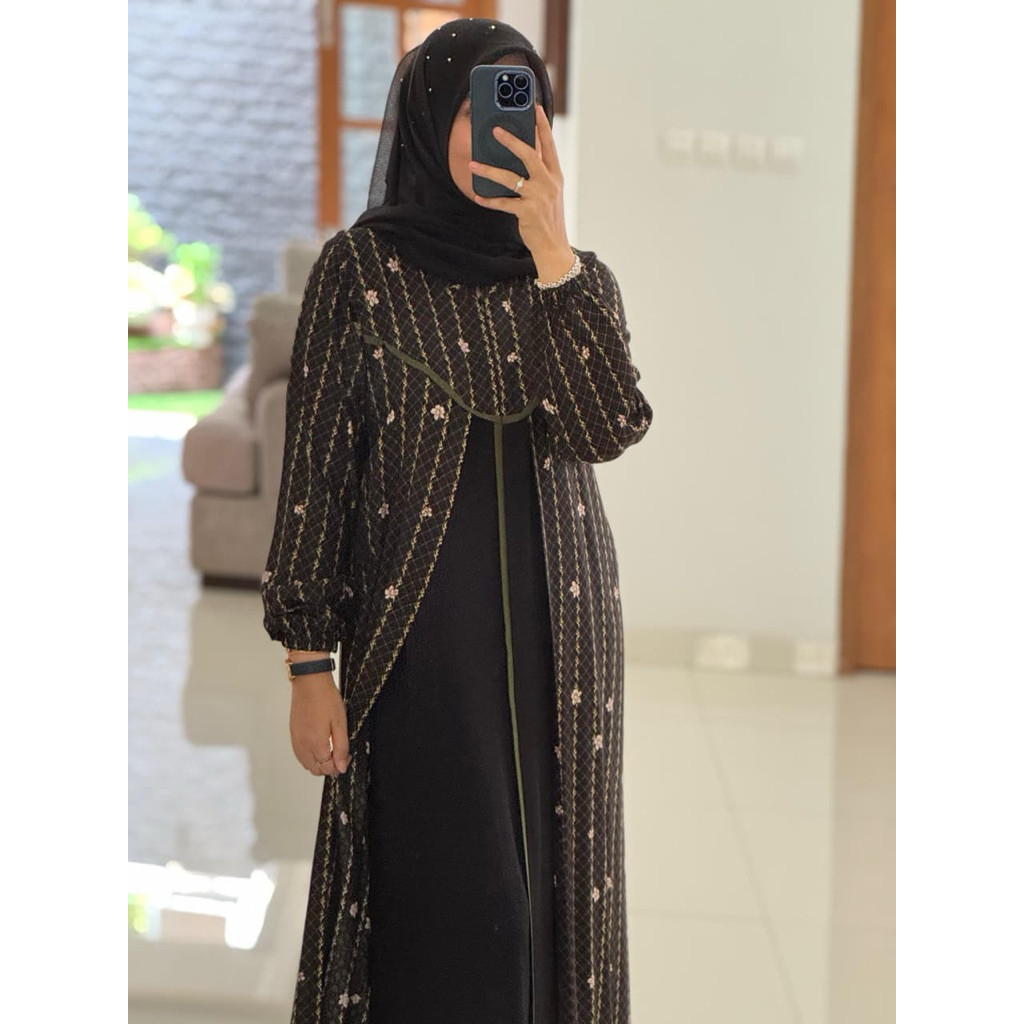 Baju Muslimah Terusan Nadheefa Gamis Dress Rompi Bunga Hitam