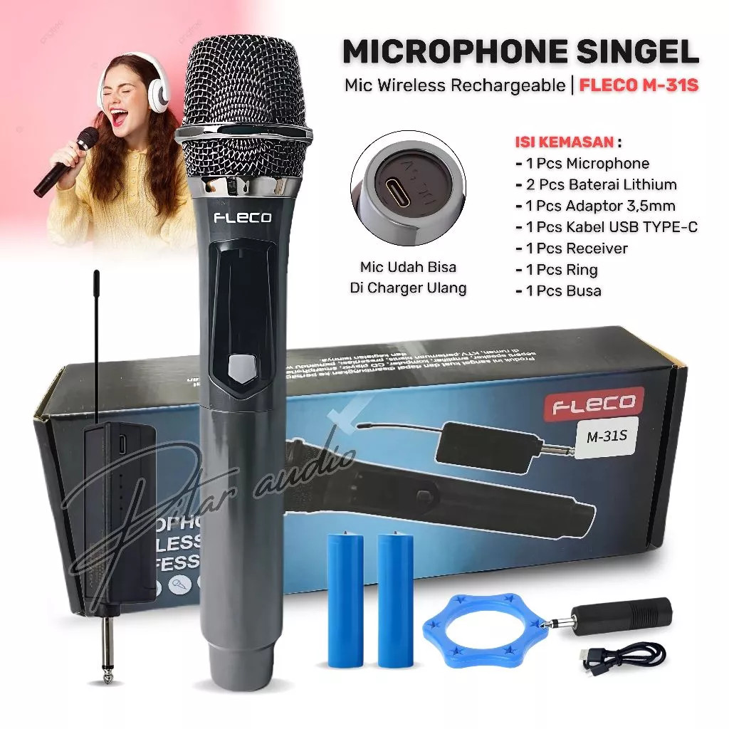 COD Mic Microphone Professional Wireless Fleco M-31S Mic Single High Quality Jack Besar 6.5mm dan Ad