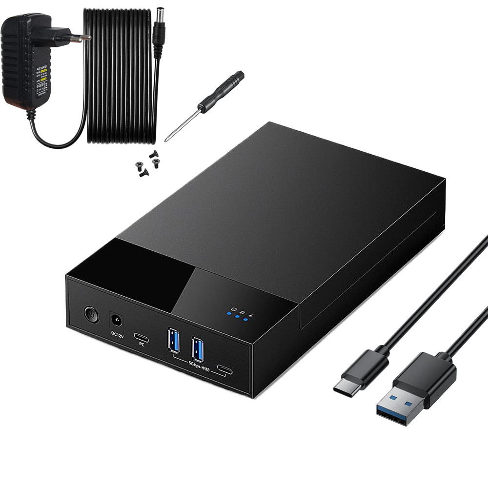 External Hard Drive Enclosure for 3.5 2.5 In SATA SSD HDD, 2A1C Multi-Port Hub with 12V Power Adapte