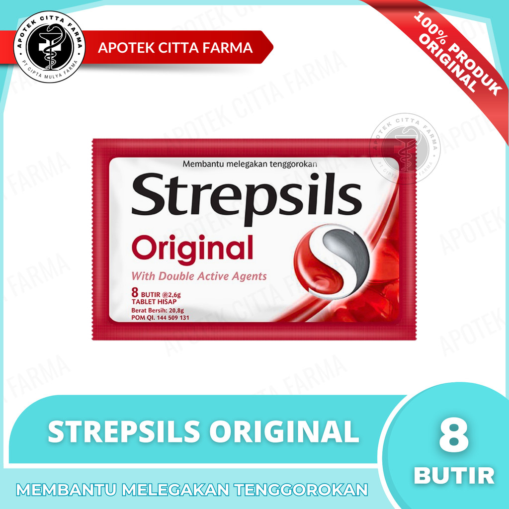 Strepsils Original Per 1 Sachet @ 8 Butir Permen - Permen Pelega Tenggorokan / Menyegarkan Bau Mulut