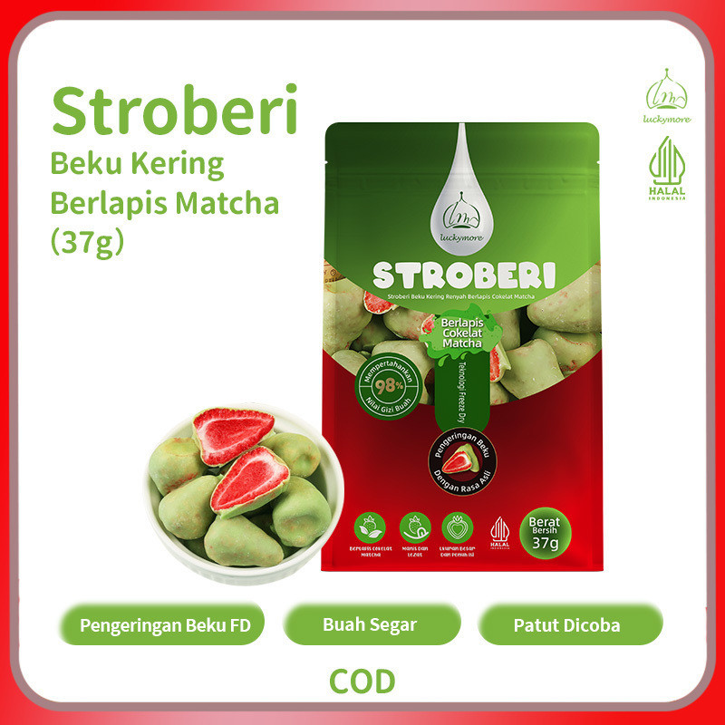 [Luckymore] HALAL Stroberi Beku Kering Renyah Berlapis Matcha 32g — Stroberi Beku Kering dengan Lapi
