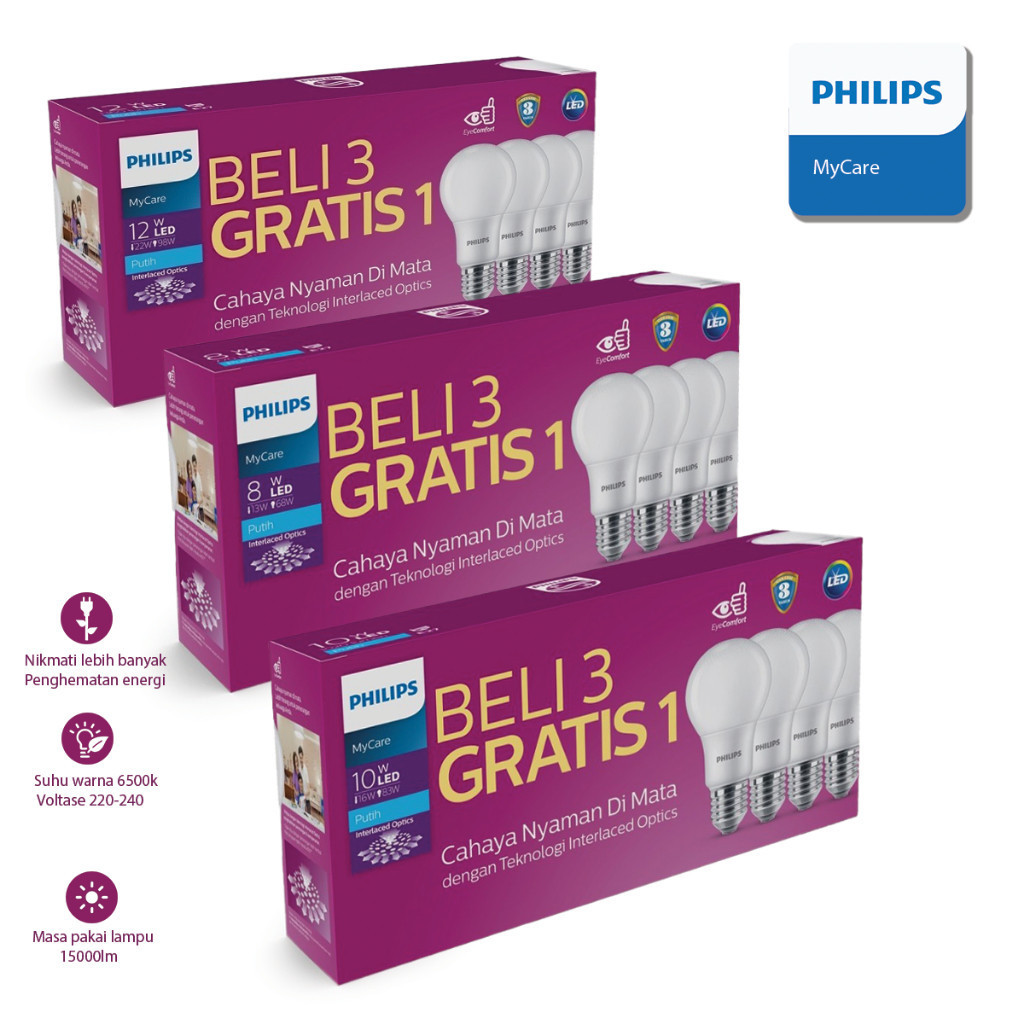 [Beli 3 Gratis 1] Lampu LED Philip Paket 8W 10W 12W 15 Watt Multipack Lampu Led Rumah Led Putih Bulb